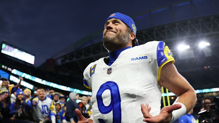 SEATTLE, WASHINGTON - NOVEMBER 03: Quarterback Matthew Stafford #9 of the Los Angeles Rams leaves the field after beating the Seattle Seahawks 26-20 at Lumen Field on November 03, 2024 in Seattle, Washington.