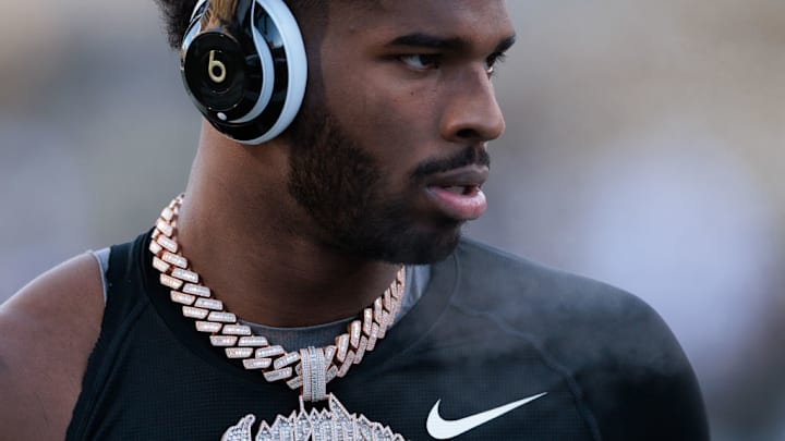 BOULDER, COLORADO - NOVEMBER 29: Shedeur Sanders #2 of the Colorado Buffaloes warms up prior to the game against the Oklahoma State Cowboys at Folsom Field on November 29, 2024 in Boulder, Colorado. (