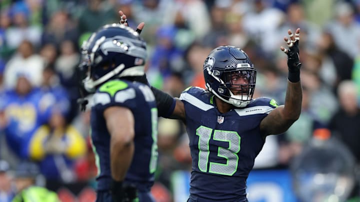 SEATTLE, WASHINGTON - NOVEMBER 03: Ernest Jones IV #13 of the Seattle Seahawks reacts during the third quarter against the Los Angeles Rams at Lumen Field on November 03, 2024 in Seattle, Washington.