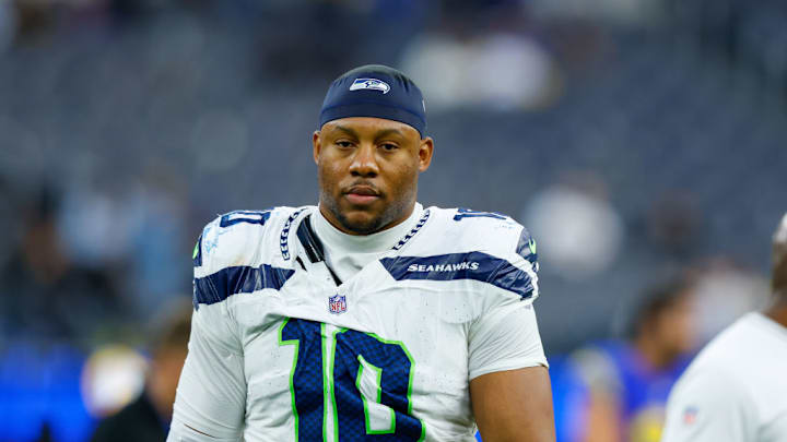 INGLEWOOD, CA - JANUARY 05: Seattle Seahawks linebacker Uchenna Nwosu (10) walks off of the field after an NFL game between the Seattle Seahawks and Los Angeles Rams on January 05, 2025, at SoFi Stadium in Inglewood, CA. 