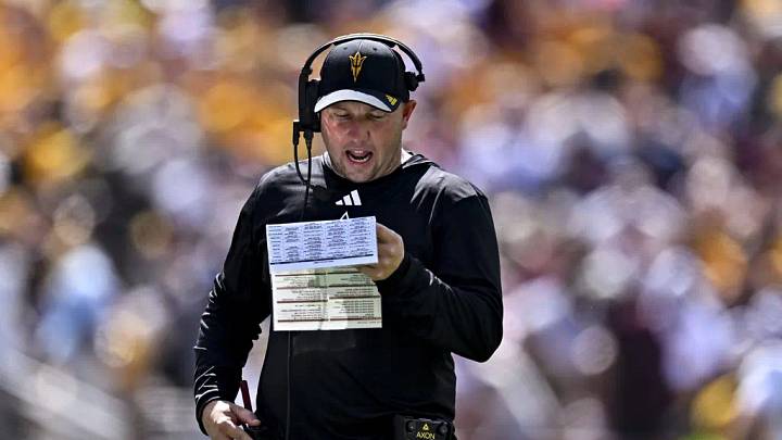 Sep 12, 2026; College Station, Texas, USA; Arizona State Sun Devils head coach Kenny Dillingham reacts during the first quarter against the Texas A&M Aggies at Kyle Field. Sep 12, 2026; College Station, Texas, USA; Arizona State Sun Devils head coach Kenny Dillingham reacts during the first quarter against the Texas A&M Aggies at Kyle Field.