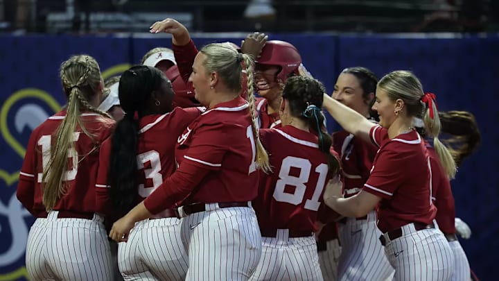 Alabama Softball Player Audrey Vandagriff (12) and The University of Alabama softball team celebrate VandagriffÕs homerun against South Carolina during the SEC Championship at Jack Turner Softball Stadium in Athens, GA on Wednesday, May 7, 2025. Alabama Softball Player Audrey Vandagriff (12) and The University of Alabama softball team celebrate VandagriffÕs homerun against South Carolina during the SEC Championship at Jack Turner Softball Stadium in Athens, GA on Wednesday, May 7, 2025.