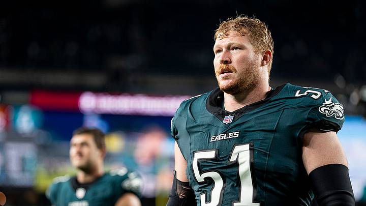 PHILADELPHIA, PENNSYLVANIA - SEPTEMBER 13: Cam Jurgens #51 of the Philadelphia Eagles looks on as he walks off the field against the Washington Commanders following an NFL football game at Lincoln Financial Field on September 13, 2026 in Philadelphia, Pennsylvania. (Photo by Michael Owens/Getty Images)