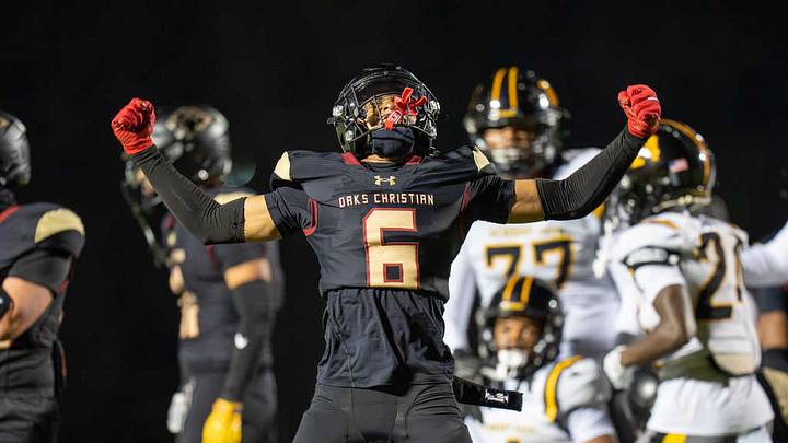 Oaks Christian Drew Rolison celebrates during the Lions' league game against Newbury Park.