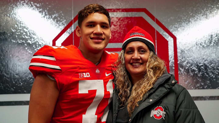 Enokk Viamahi and his mom share an Ohio State moment. Enokk Viamahi and his mom share an Ohio State moment.