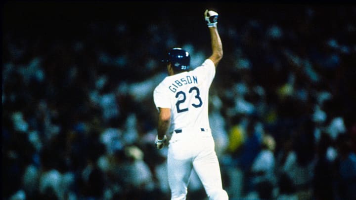 Gibson reacts to hitting a walk-off home run in Game 1 of the 1988 World Series against the Oakland A's.