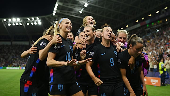 England celebrates after Chloe Kelly’s extra-time goal in the 2-1 win over Italy.