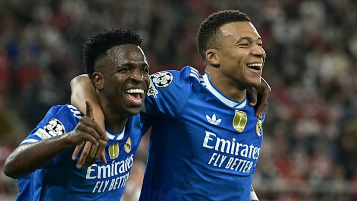 Kylian Mbappé (right) and Vinicius Junior combined for two of Real Madrid’s four goals.