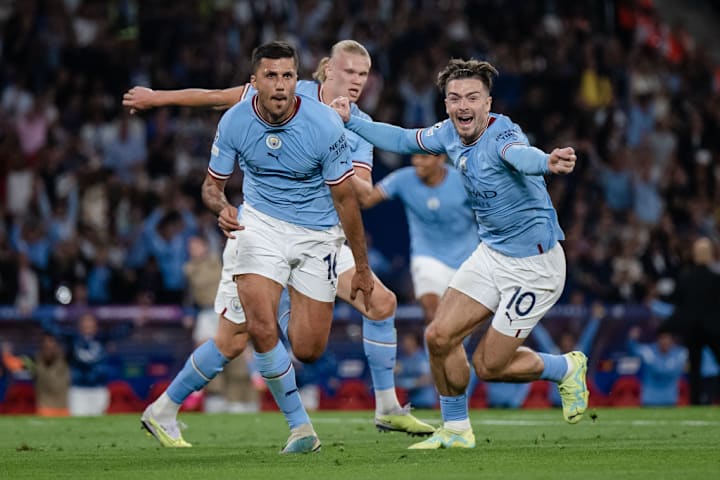 Manchester City players celebrating their Champions League final victory in 2023.