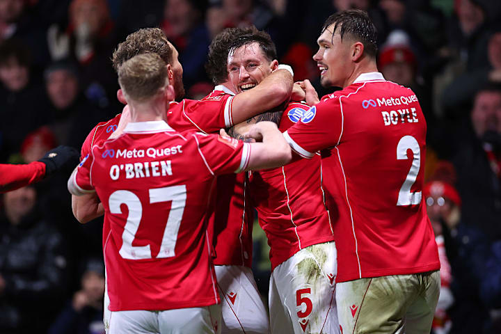 Wrexham players celebrating against Nottingham Forest.