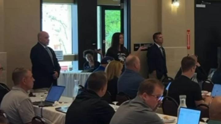 Sonja Shaw, the Chino Valley School Board President, interrupts a CIF Southern Section Council Meeting on Thursday, September 24 to challenge the CIF's stance on transgender athletes.
