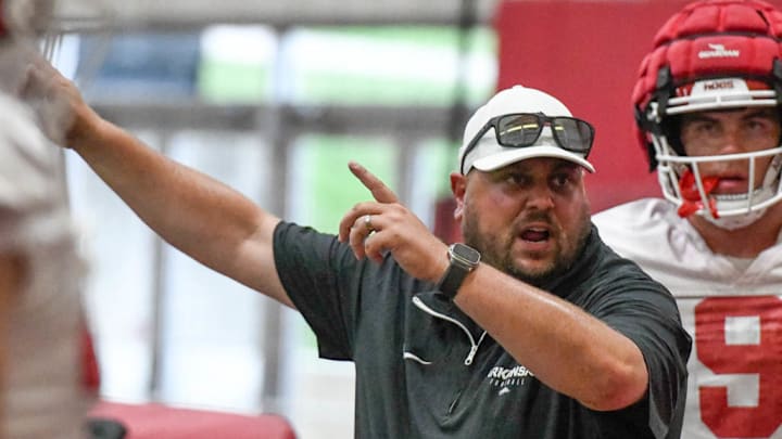Arkansas Razorbacks tight ends coach Morgan Turner at Thursday's practice indoors in Fayetteville, Ark.