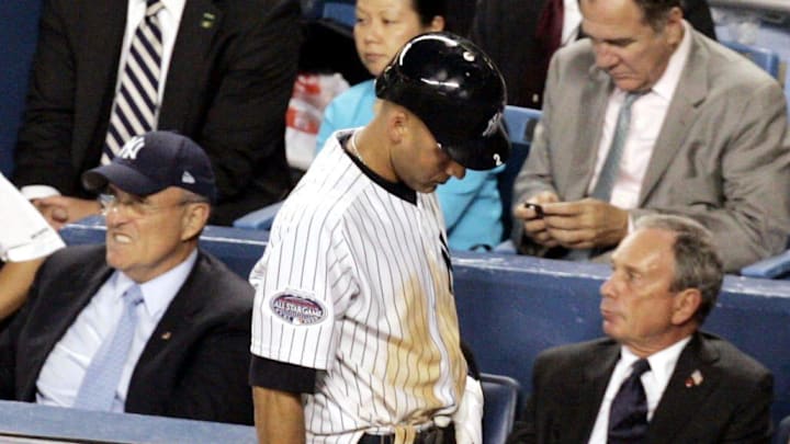 Yankees Derek Jeter walks by former New York City mayor Rudy Giuliani and current mayor Michael Bloomberg during the 79th MLB All-Star Game at Yankee Stadium in the Bronx July 15, 2008. Yankees Derek Jeter walks by former New York City mayor Rudy Giuliani and current mayor Michael Bloomberg during the 79th MLB All-Star Game at Yankee Stadium in the Bronx July 15, 2008.