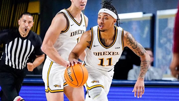 Drexel guard Jason Drake handles the ball in a 2024-25 game in Philadelphia. Drexel guard Jason Drake handles the ball in a 2024-25 game in Philadelphia.