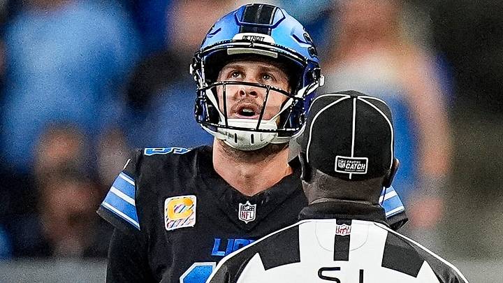 Detroit Lions quarterback Jared Goff (16), left, and head coach Dan Campbell talks to a referee regarding a play against Green Bay Packers during the second half at Ford Field in Detroit on Sunday, Oct. 25, 2026. Detroit Lions quarterback Jared Goff (16), left, and head coach Dan Campbell talks to a referee regarding a play against Green Bay Packers during the second half at Ford Field in Detroit on Sunday, Oct. 25, 2026.
