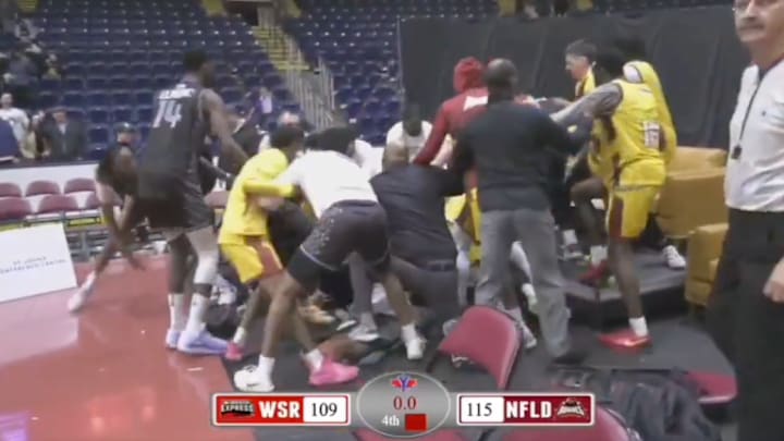 A huge brawl broke out at the end of a Basketball Super League game. 