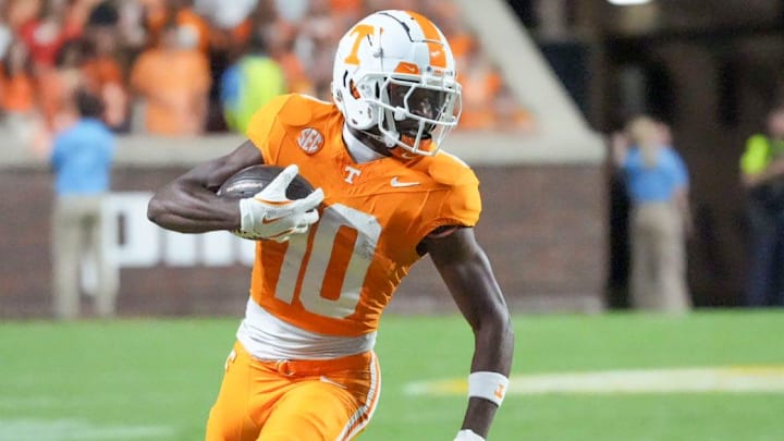 Tennessee wide receiver Mike Matthews (10) runs downfield after making a catch during the NCAA College football game against Kent State on Saturday, September 14, 2024, in Knoxville, Tenn.