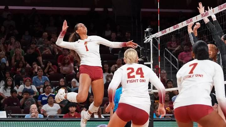 Southern California's Adonia Faumuina (1) attacks ball versus Michigan State at Galen Center. Southern California's Adonia Faumuina (1) attacks ball versus Michigan State at Galen Center.
