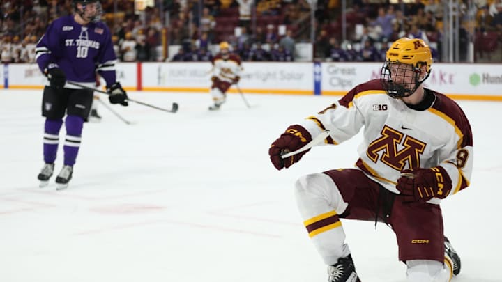 August Falloon celebrating his first career goal against St. Thomas.