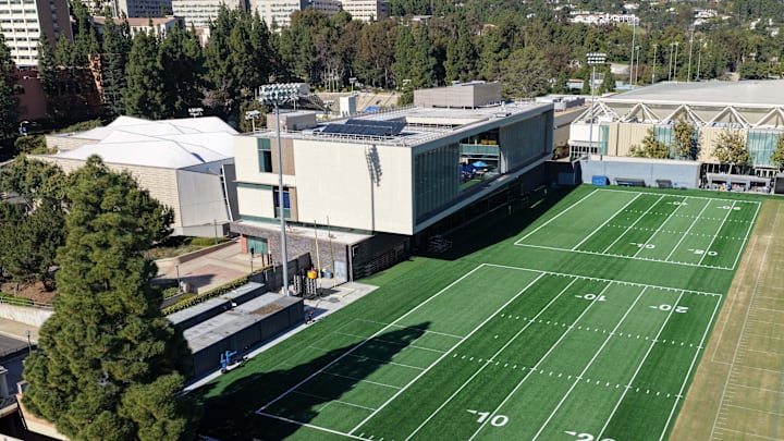 Dec 9, 2025; Los Angeles, CA, USA; An aerial view of the UCLA Bruins football practice facility at the Wasserman Football Center. Mandatory Credit: Kirby Lee-Imagn Images
