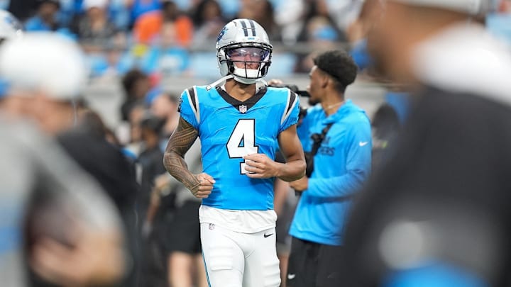 Aug 2, 2025; Charlottle, NC, USA; Carolina Panthers wide receiver Tetairoa McMillan (4) takes the field during Fanfest at Bank of America Stadium. 
