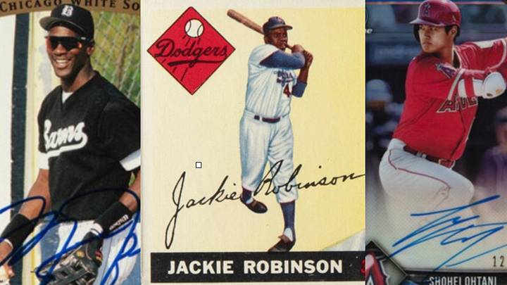 Image created by combining three card images (all from Heritage Auctions via Card Ladder) including (left to right): 1995 Upper Deck SP Top Prospects Auto Michael Jordan PSA 6/ Auto 10; 1955 Topps Jackie Robinson #50 PSA 9; and 2018 Bowman Chrome Blue Refractor Auto /150 PSA 10/ Auto 10 Image created by combining three card images (all from Heritage Auctions via Card Ladder) including (left to right): 1995 Upper Deck SP Top Prospects Auto Michael Jordan PSA 6/ Auto 10; 1955 Topps Jackie Robinson #50 PSA 9; and 2018 Bowman Chrome Blue Refractor Auto /150 PSA 10/ Auto 10