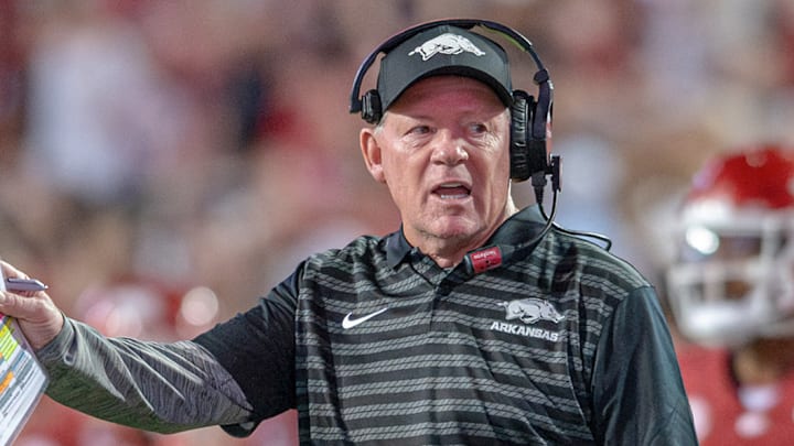 Arkansas Razorbacks interim coach Bobby Petrino on the sidelines in game against the Texas A&M Aggies at Razorback Stadium in Fayetteville, Ark.