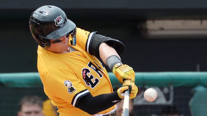 Erie SeaWolves batter Jake Holton hits against the Harrisburg Senators at UPMC Park in Erie on Aug. 2, 2023. Erie SeaWolves batter Jake Holton hits against the Harrisburg Senators at UPMC Park in Erie on Aug. 2, 2023.