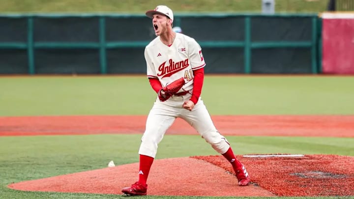 Indiana pitcher Deron Swanson celebrated on the mound at Bart Kaufman Field during a recent Indiana baseball game.