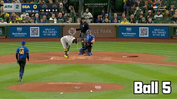 Oakland's Seth Brown walked after taking five balls in an at-bat Saturday night in Seattle. 