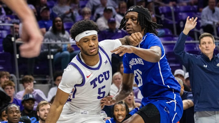 Micah Robinson handles the ball for TCU in a loss against New Orleans on November 3, 2025.