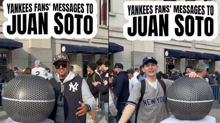 Yankees fans talk into a big microphone about their feelings on Juan Soto.
