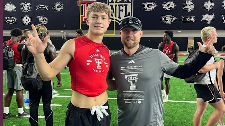 Hunter Haug and Texas Tech safeties coach Rob Greene