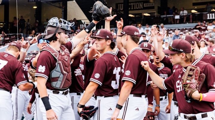 Mississippi State baseball players huddle before a midweek game against Memphis at Dudy Noble Field in Starkville.