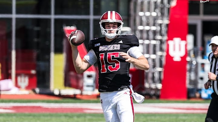 Indiana quarterback Fernando Mendoza is shown in a photo from Saturday's football scrimmage.
