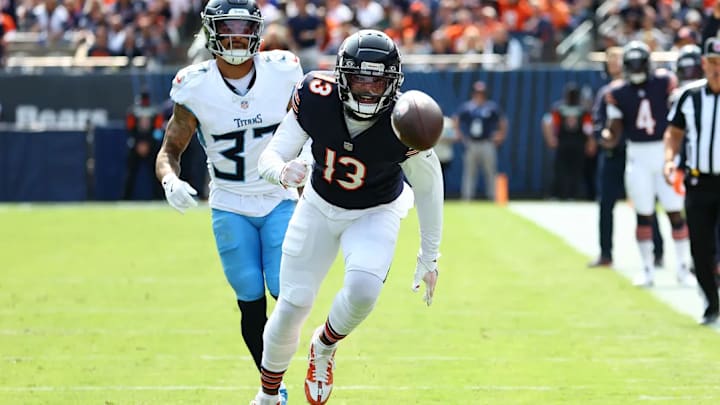 Keenan Allen gives chase to a long deep ball from QB Caleb Williams in the season-opening 24-17 Bears win over Tennessee. / Mike Dinovo-Imagn Images