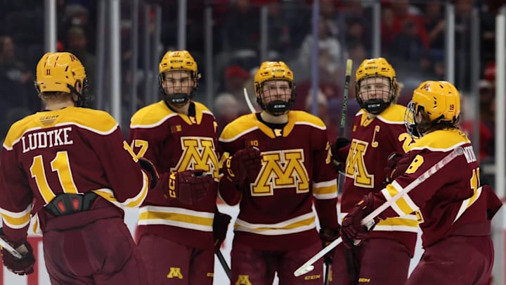 The Gophers celebrate after a goal in a 6-3 win at Ohio State.