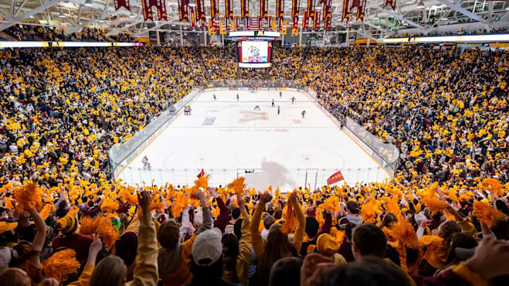 Fans inside 3M Arena at Mariucci in Minneapolis, Minnesota.