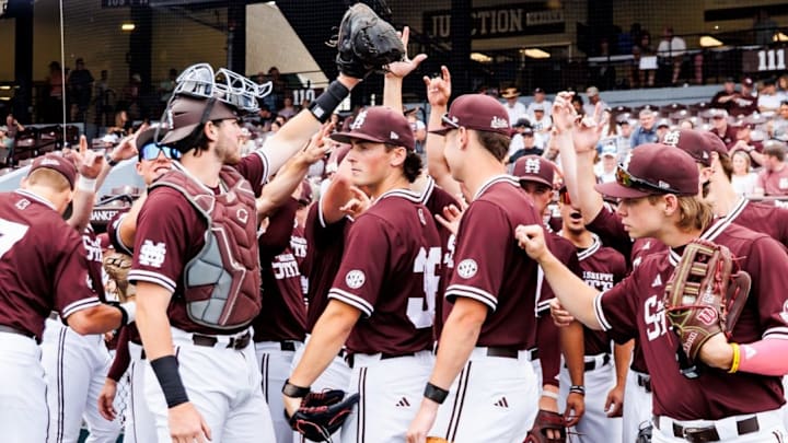 Mississippi State baseball players huddle before a midweek game against Memphis at Dudy Noble Field in Starkville.