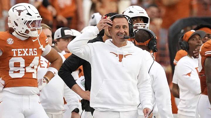 Texas Longhorns head coach Steve Sarkisian reacts after a review does not go his way in the second half against the Vanderbilt Commodores at Darrell K Royal-Texas Memorial Stadium. Texas Longhorns head coach Steve Sarkisian reacts after a review does not go his way in the second half against the Vanderbilt Commodores at Darrell K Royal-Texas Memorial Stadium.