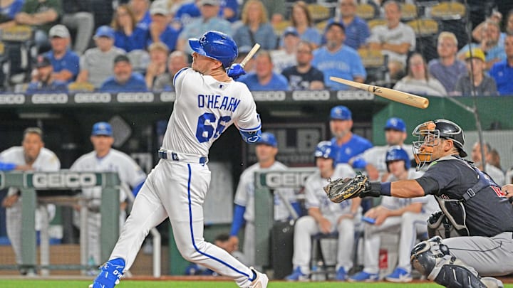 Sep 7, 2022; Kansas City, Missouri, USA; Kansas City Royals pinch hitter Ryan O'Hearn (66) breaks his bat