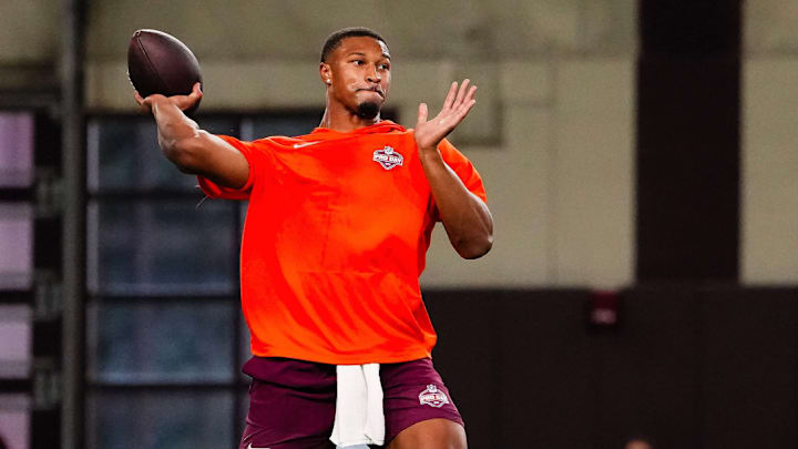 March 27, 2026; Blacksburg, Virginia, USA; Virginia Tech quarterback Kyron Drones throws for scouts at the 2026 Virginia Tech Pro Day.