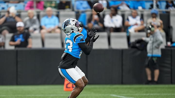 Aug 2, 2025; Charlottle, NC, USA; Carolina Panthers running back Trevor Etienne (23) makes a catch during Fanfest at Bank of America Stadium. Aug 2, 2025; Charlottle, NC, USA; Carolina Panthers running back Trevor Etienne (23) makes a catch during Fanfest at Bank of America Stadium.