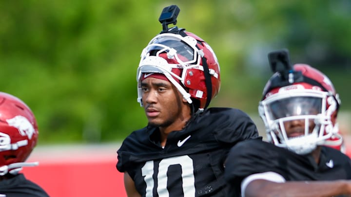 Arkansas Razorbacks quarterback Taylen Green on the outdoor practice fields during preseason camp practices in Fayetteville, Ark.