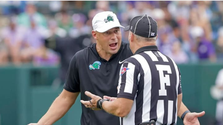 Tulane head coach Jon Sumrall argues a call during the second half of an NCAA football game against Kansas State at Yulman Stadium in New Orleans, Saturday, Sept. 7, 2024.