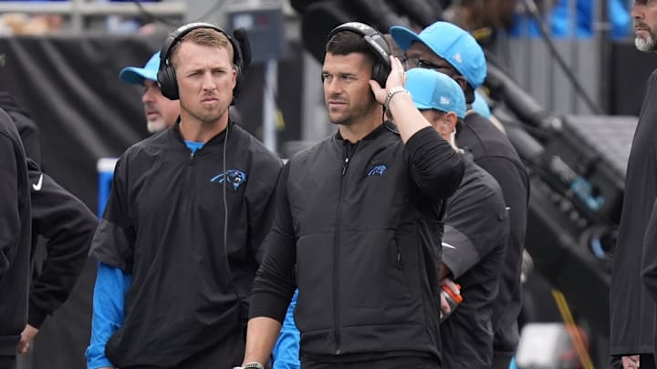 Oct 26, 2025; Charlotte, North Carolina, USA; Carolina Panthers head coach Dave Canales during the second half against the Buffalo Bills at Bank of America Stadium. 