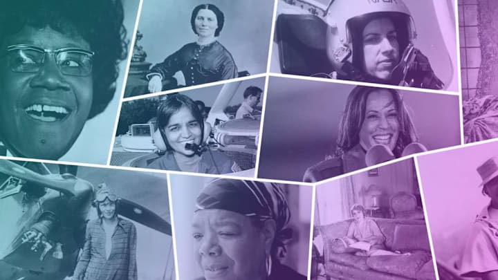 Clockwise from top left: Shirley Chisholm, Clara Barton, Ellen Ochoa, Nellie Bly, Josephine Baker, Mary Pickford, Maya Angelou, Amelia Earhart, Kalpana Chawla, and Kamala Harris.