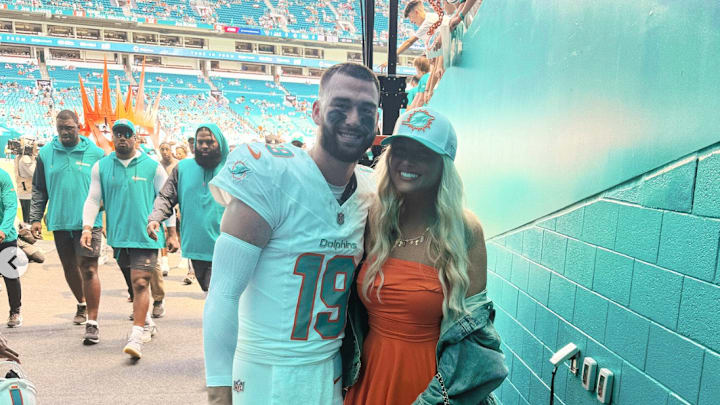 Miami Dolphins quarterback Skylar Thompson and his fiancée Bre Newcomer in the tunnel before a game. Miami Dolphins quarterback Skylar Thompson and his fiancée Bre Newcomer in the tunnel before a game.
