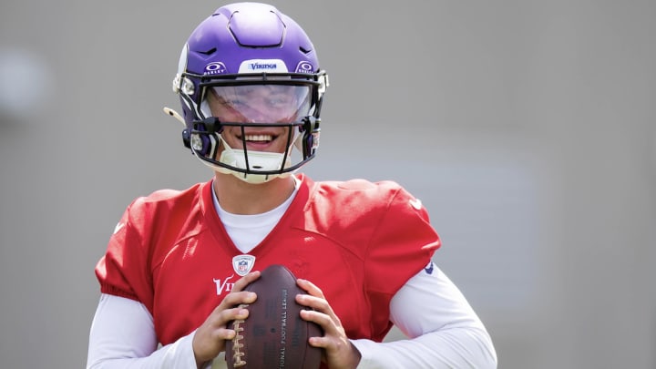 J.J. McCarthy during a summer offseason practice with the Vikings. J.J. McCarthy during a summer offseason practice with the Vikings.