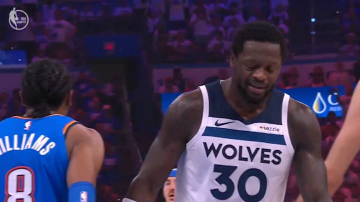 Minnesota Timberwolves forward Julius Randle reacts after a turnover against the Oklahoma City Thunder